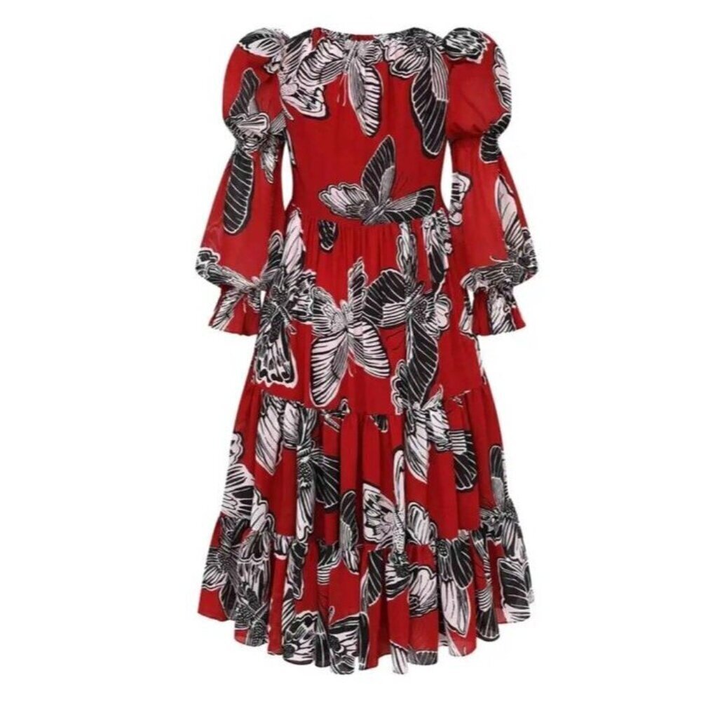 Autumn Adeigbo Sz 2 Dress Red Black Georgette Butterfly Luxury Designer Retro